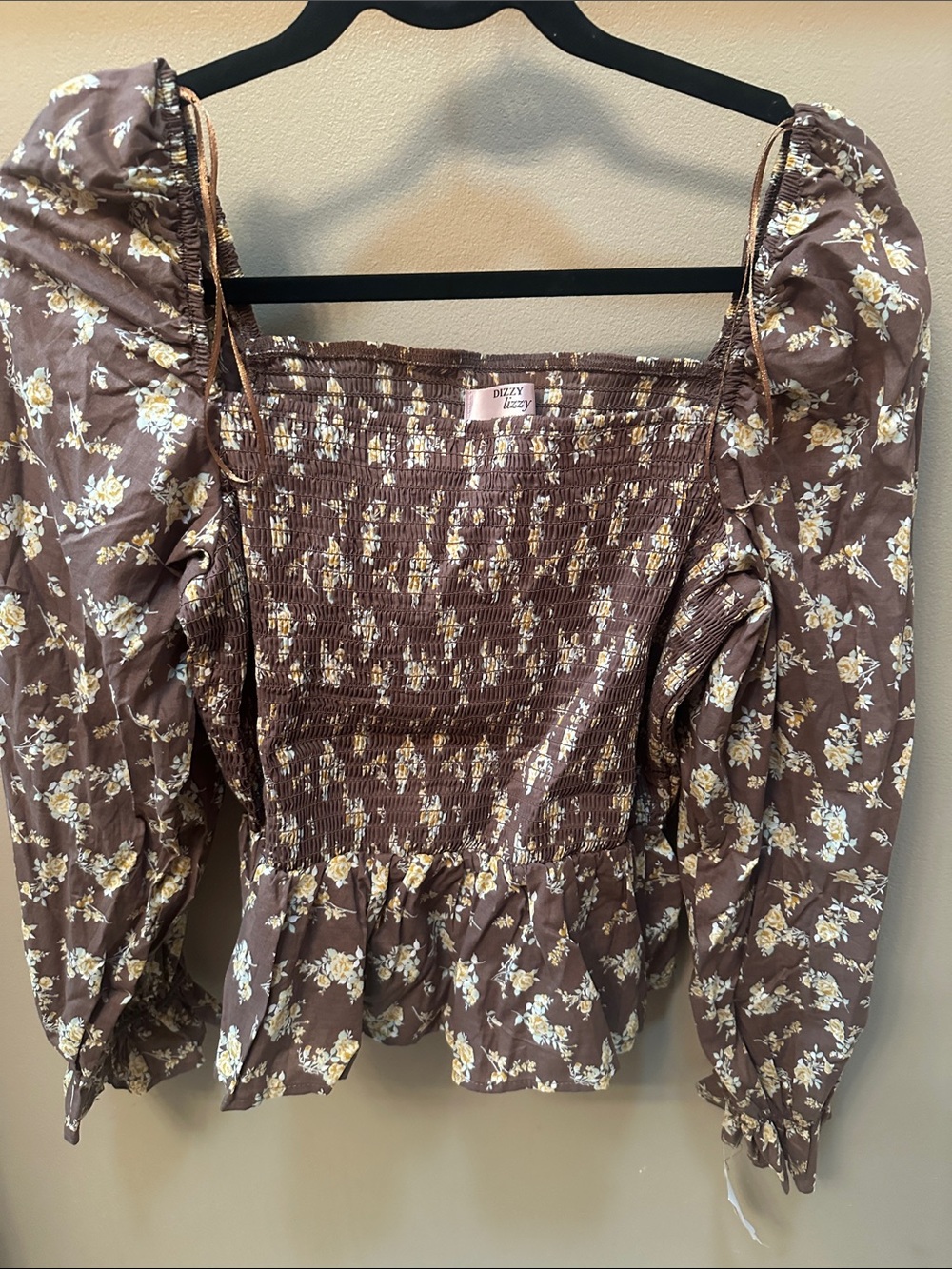 Ditsy Floral Smocked Puff-Sleeve Blouse — Brown